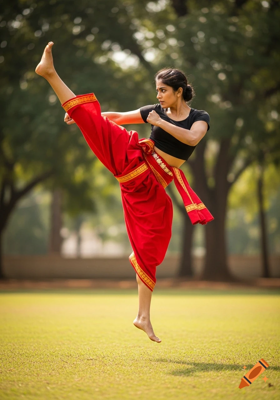 A Kalaripayattu woman in red and black performs a high kick on a grassy field.