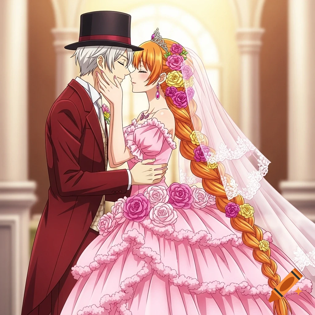 Anime wedding couple in a grand hall, groom in a red tuxedo and top hat kissing his bride in a pink fluffy rose-covered gown with a long braided ponytail and veil.