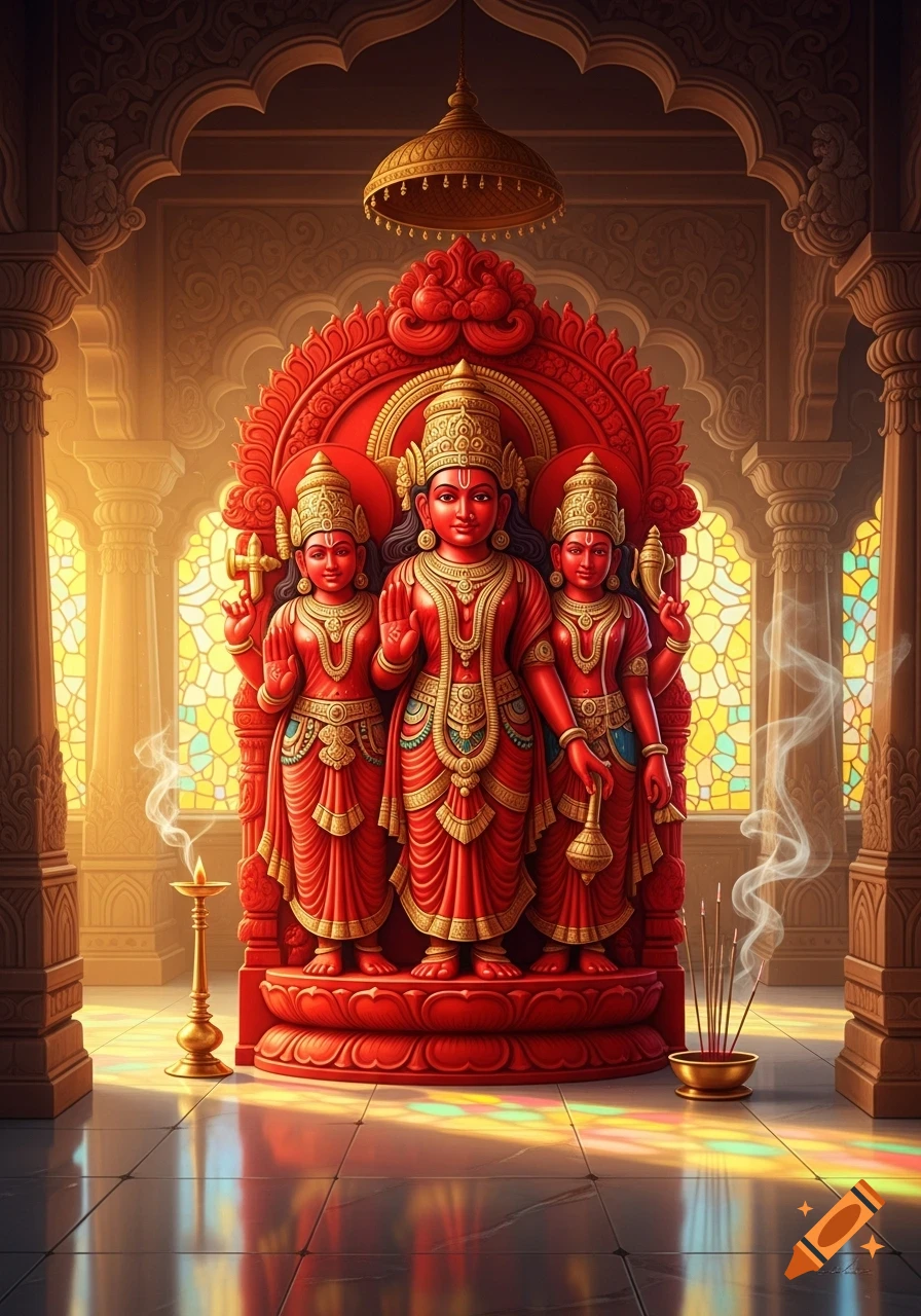 An ornate red statue of three Indian deities stands in a richly decorated temple with stained glass windows and incense offerings.