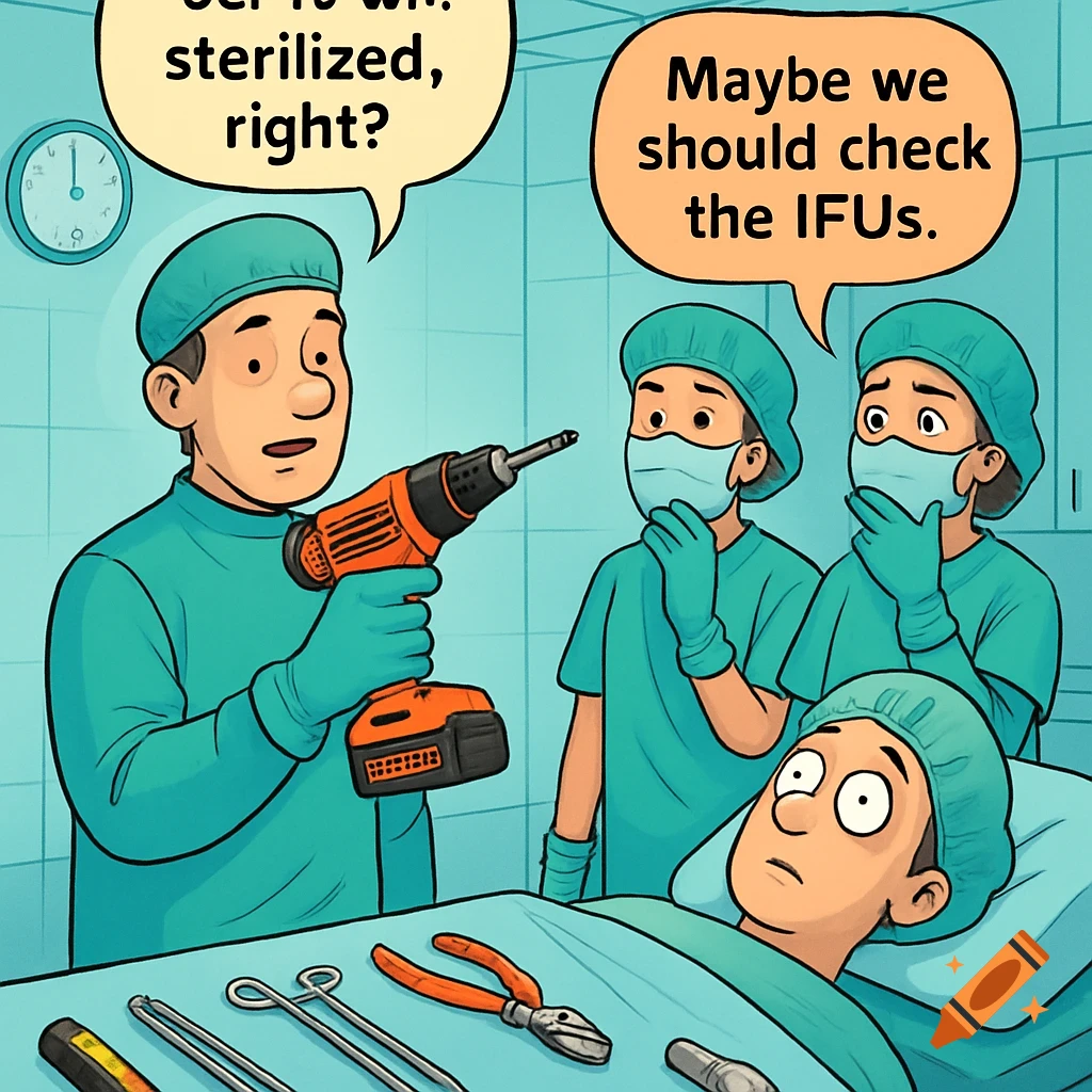Cartoon scene in an operating room where a doctor holds a power drill, looking confused, while two nurses look horrified and a patient lies wide-eyed on the table. Speech bubbles indicate the doctor asking if the drill is sterilized and a nurse suggesting checking IFUs.