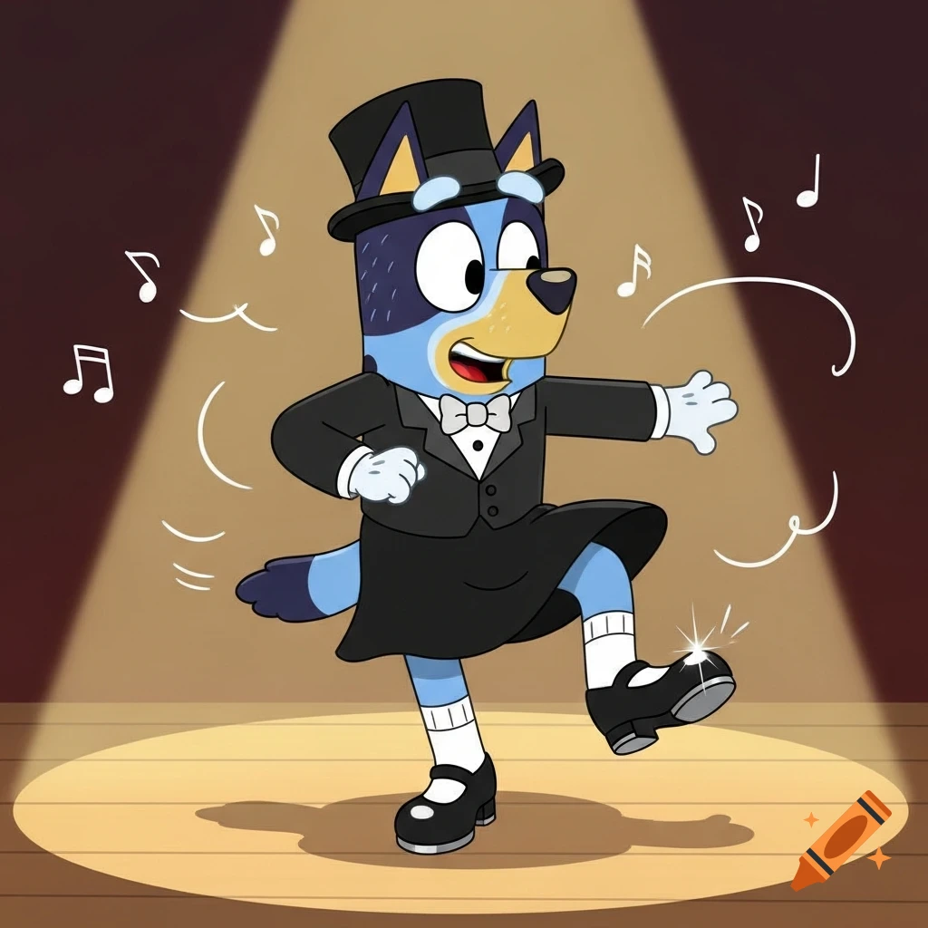 Bluey Heeler, a blue cartoon dog, tap dancing on a stage in a black top hat, tuxedo, and skirt, under a spotlight.