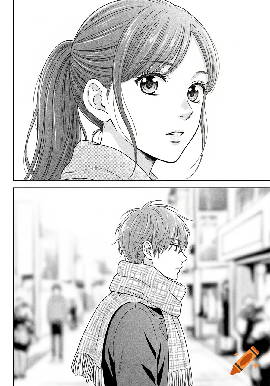 Black and white manga style panels. Top shows a girl with a ponytail, looking right. Bottom shows a boy in a plaid scarf, also looking right.