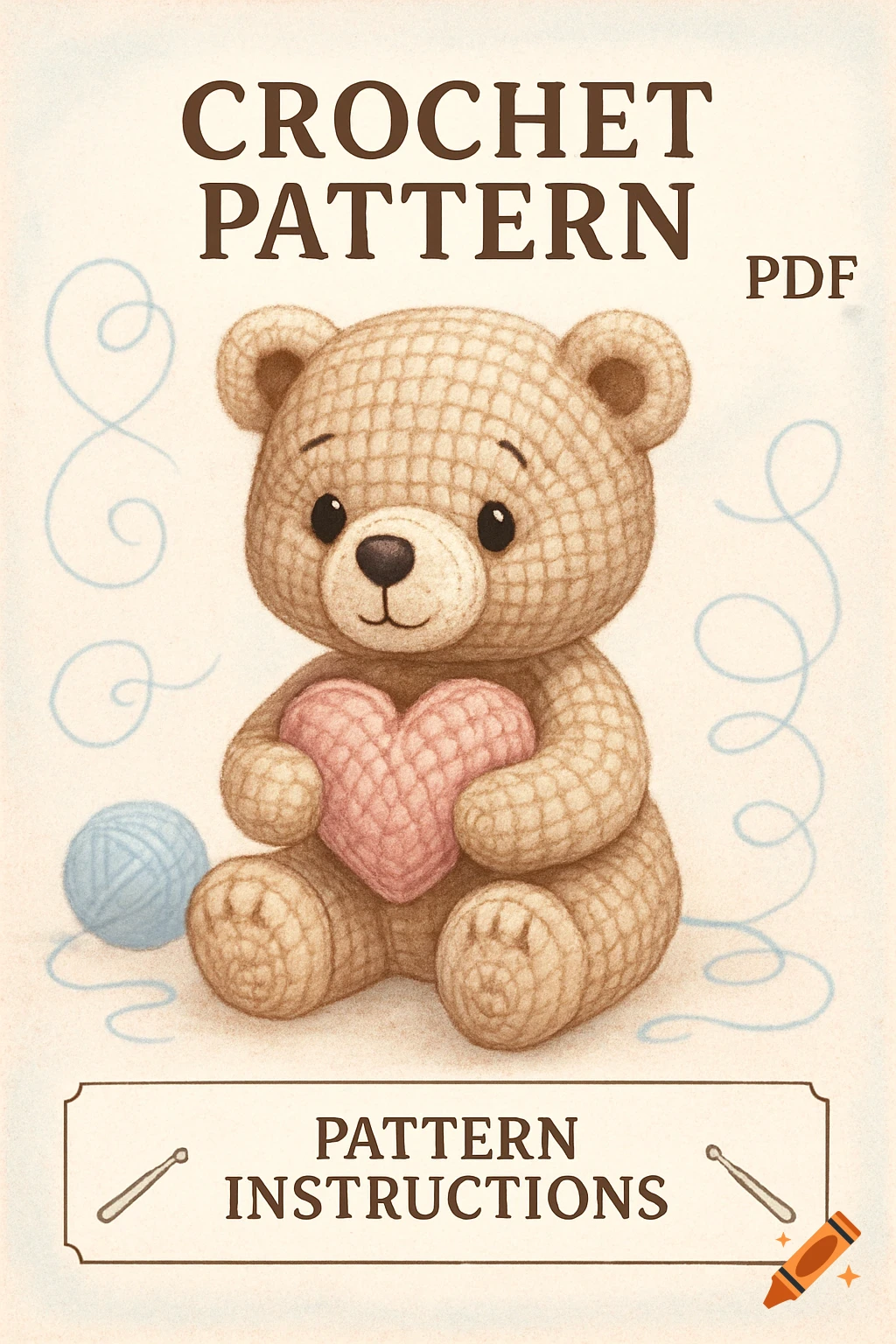Cute illustrated crochet pattern PDF cover with a teddy bear holding a heart, yarn, and hooks.