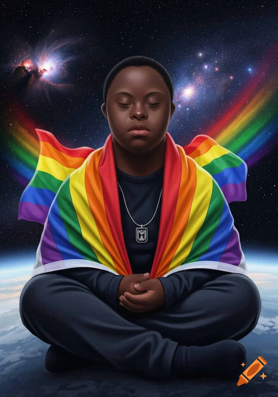 A Black person with Down syndrome meditating in space, draped in an LGBTQ rainbow flag, wearing a necklace.