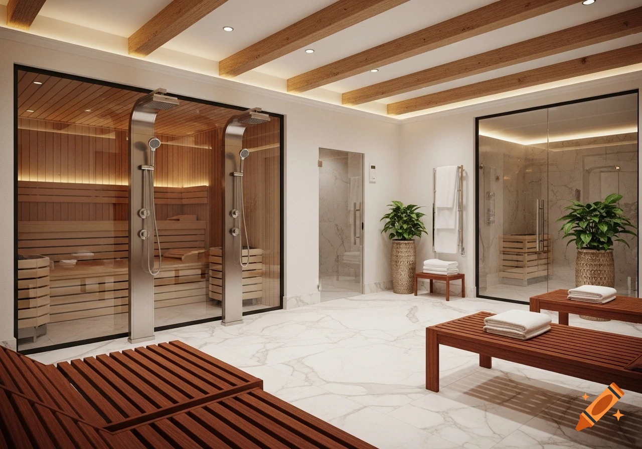 A luxurious, modern spa anteroom with wooden saunas behind glass, two sleek shower towers, wooden benches, and marble floors.