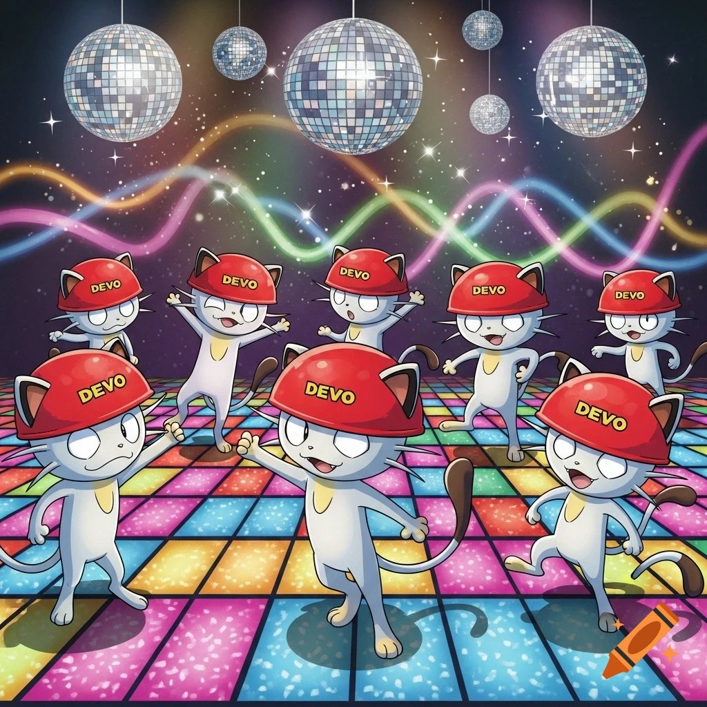 Cartoon Meowth-like cats in red DEVO hats dance on a vibrant disco floor under hanging disco balls.
