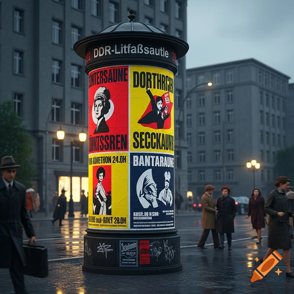 A rainy street scene with people walking past a large poster column featuring retro-style graphics and text, in a European city.
