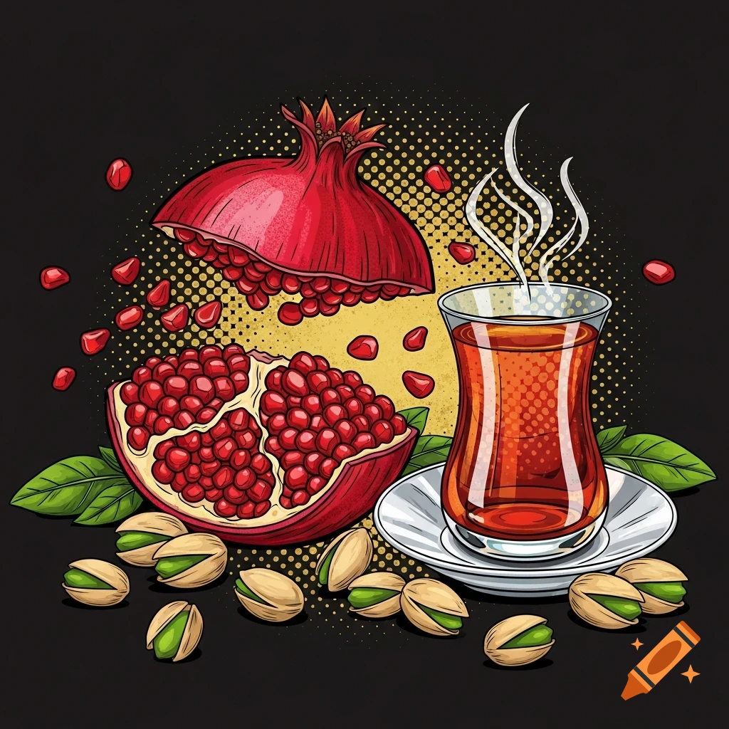 A vibrant comic-style illustration of an open pomegranate with seeds, a steaming glass of Raki, and pistachios against a dark background with golden accents.