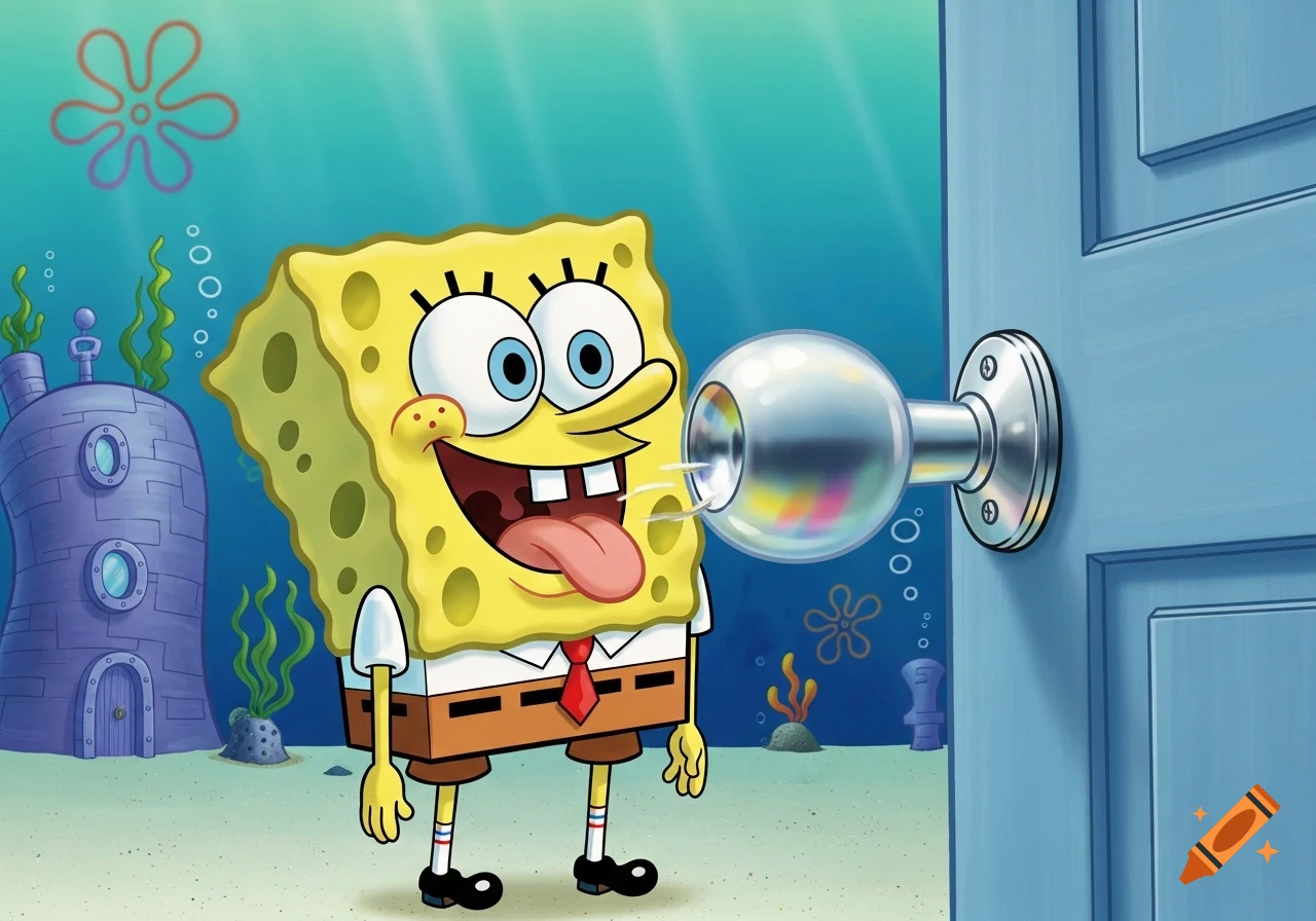 Spongebob Squarepants licks a shiny doorknob in an underwater digital art scene.