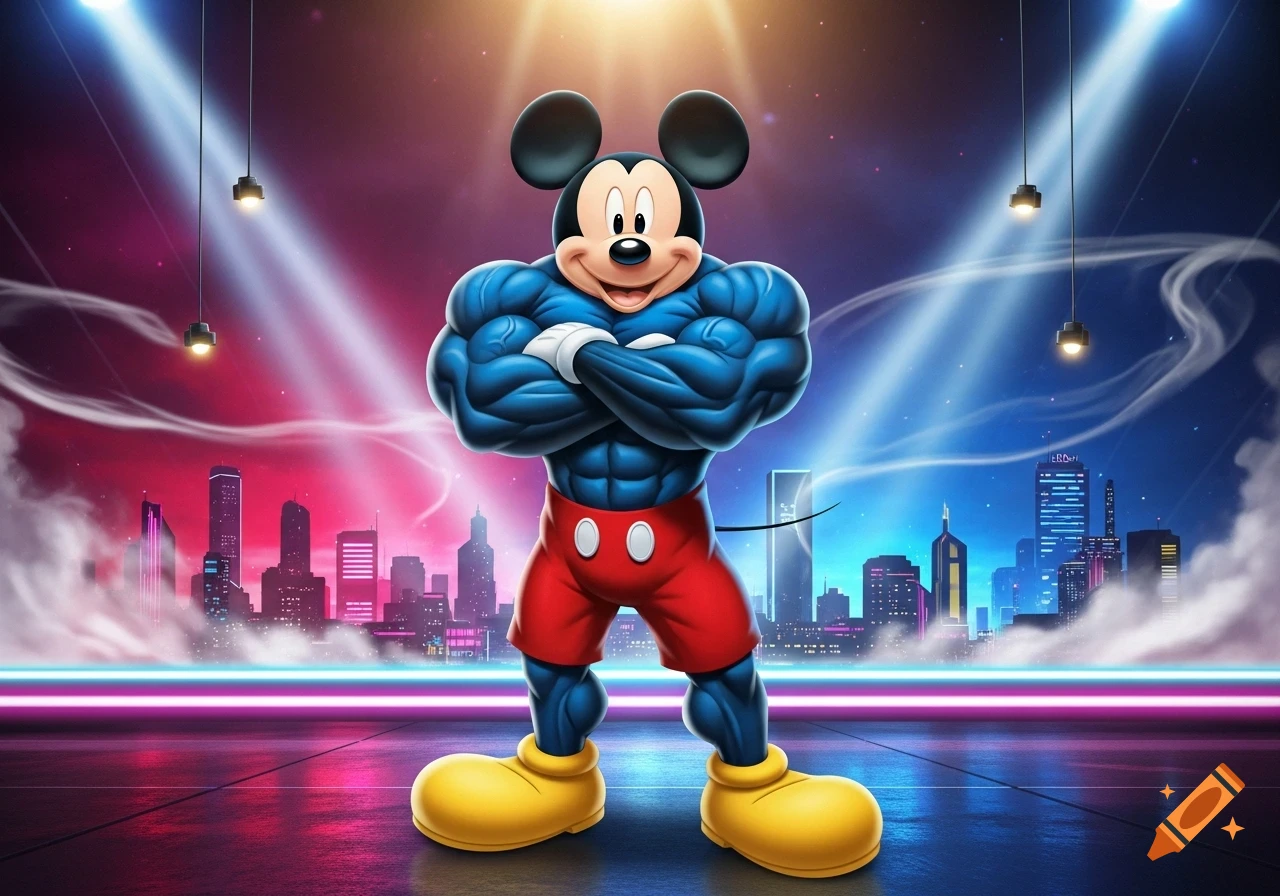 Mickey Mouse with exaggerated blue muscles, red shorts, and yellow shoes poses against a vibrant neon cityscape.