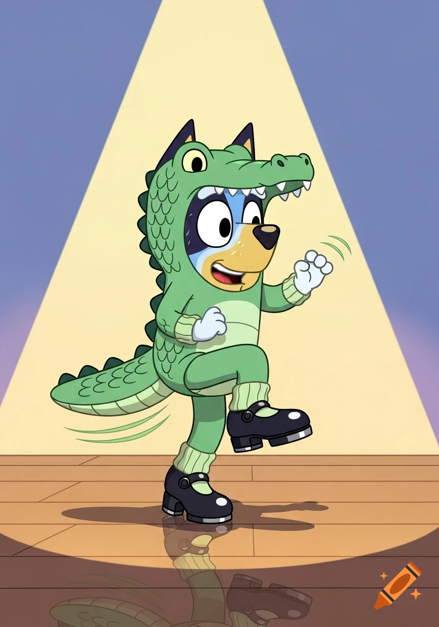 A cartoon Bluey Heeler character tap dancing in a green alligator costume with a tail and Mary Jane shoes on a spotlighted stage.
