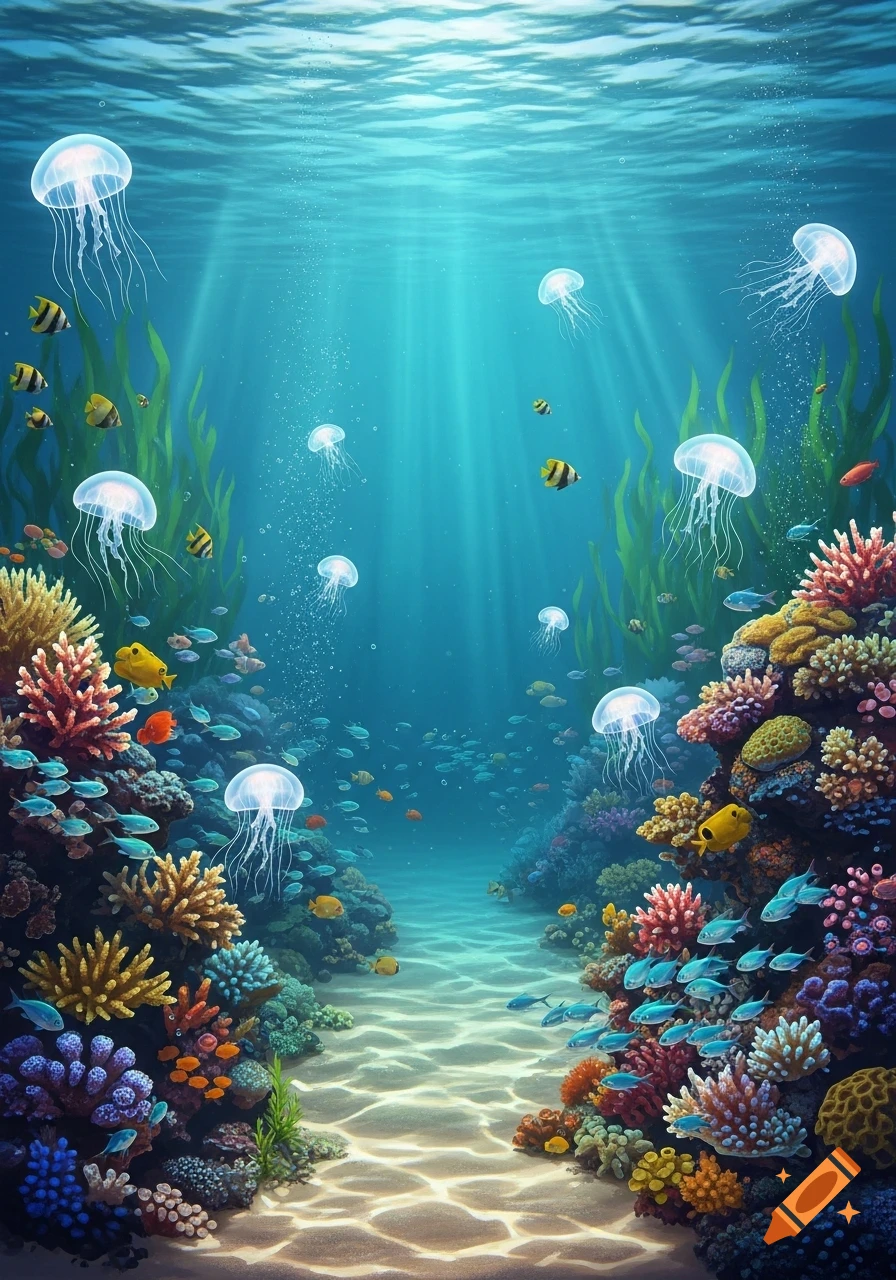 A vibrant underwater scene with a colorful coral reef, schools of fish, and glowing jellyfish, illuminated by sunbeams from the surface.