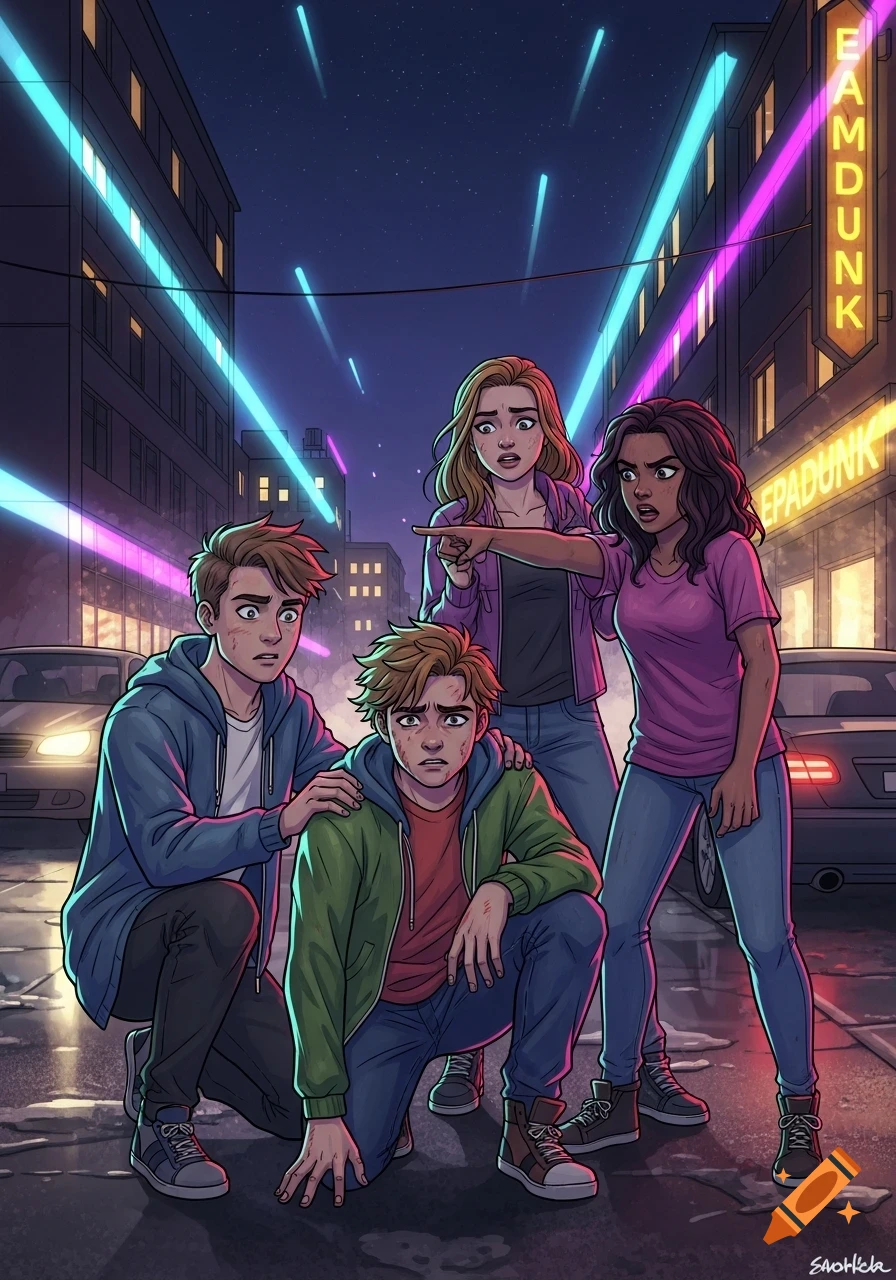 Four shocked teenagers in a neon-lit urban night scene, two boys on the ground, two girls standing and pointing, cartoon style.