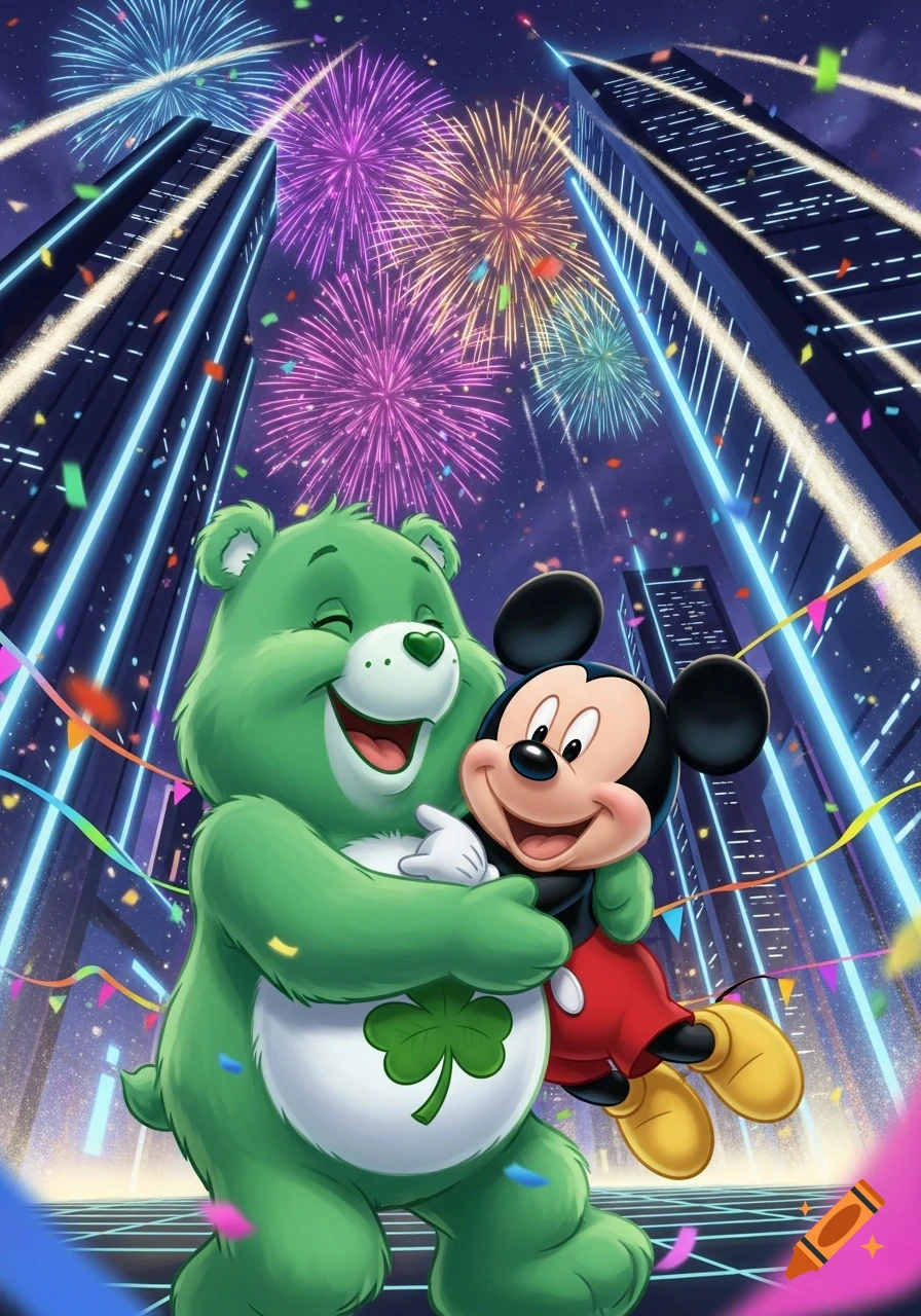 A happy green Care Bear with a shamrock on its belly hugs Mickey Mouse, set against a nighttime cityscape with colorful fireworks and falling confetti.