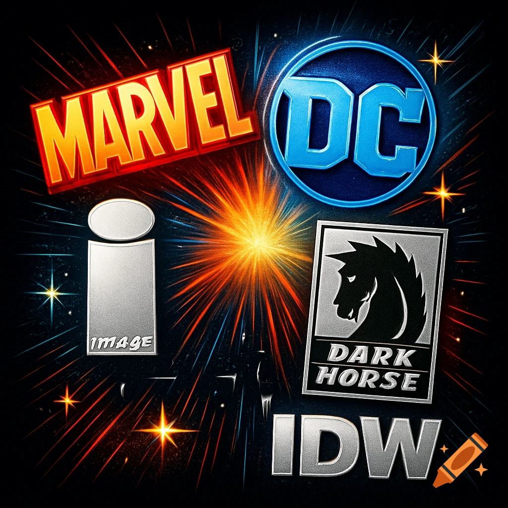 Comic book logos including Marvel, DC, Image, Dark Horse, and IDW on a dark background with colorful starbursts and stars.