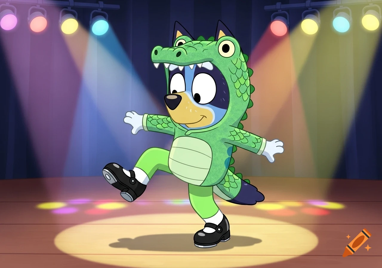 Bluey Heeler, dressed in a green alligator costume and tap shoes, dances on a brightly lit stage.