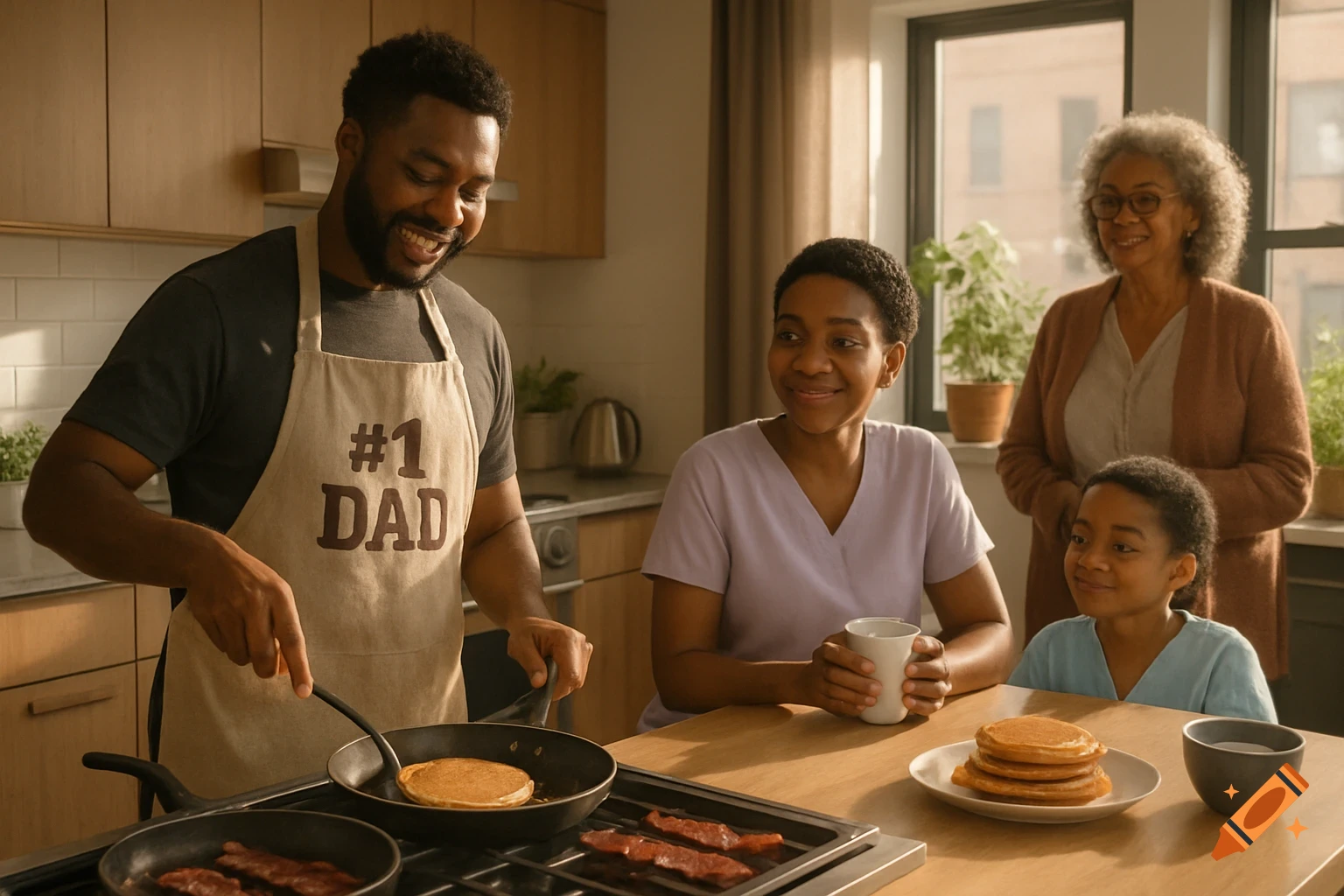A Black father wearing a #1 DAD apron cooks pancakes and bacon for his family, including his wife, daughter, and mother, in a modern kitchen.