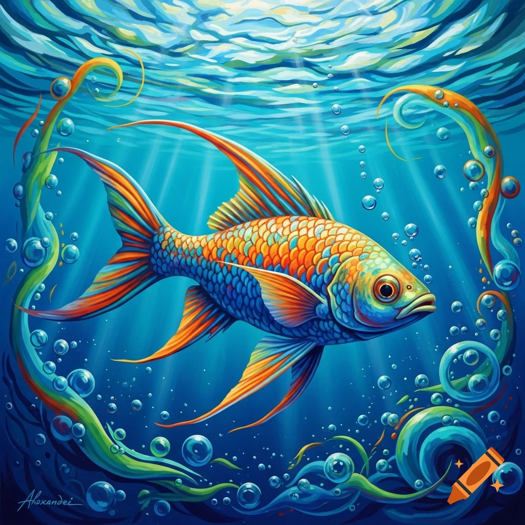 A vibrant, colorful fish swims in clear blue water with rays of light and bubbles, in an illustrative art style.