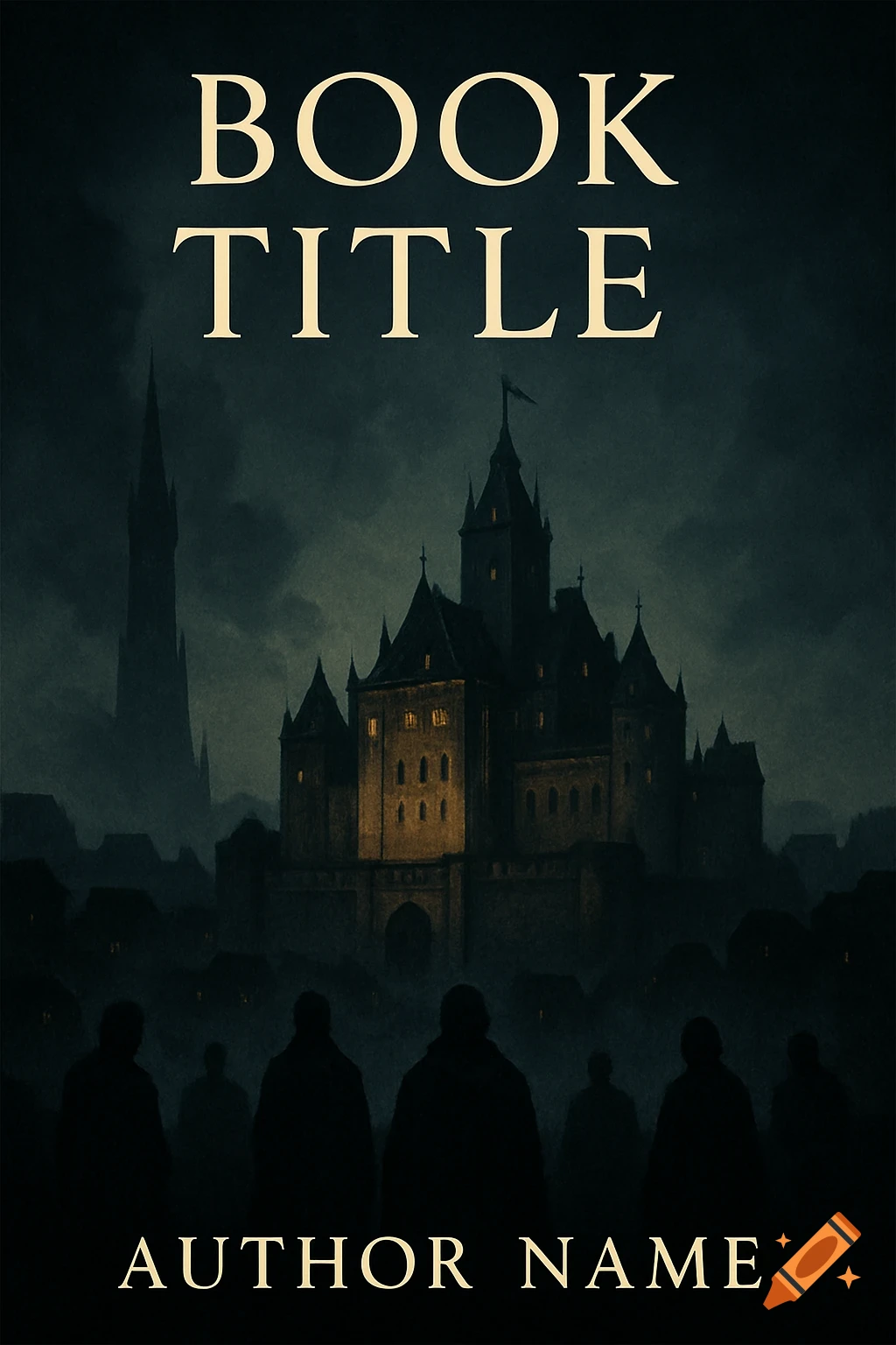 Dark fantasy book cover illustration featuring a glowing castle, tall dark tower, and shadowy figures under a cloudy night sky.