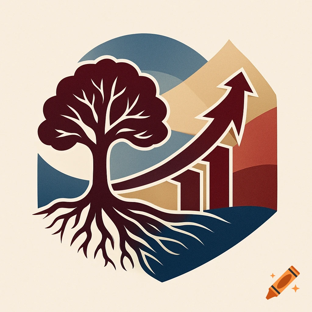 A stylized logo in a hexagon, showing a tree with roots on the left and an upward arrow rising from bar graphs on the right, representing growth.
