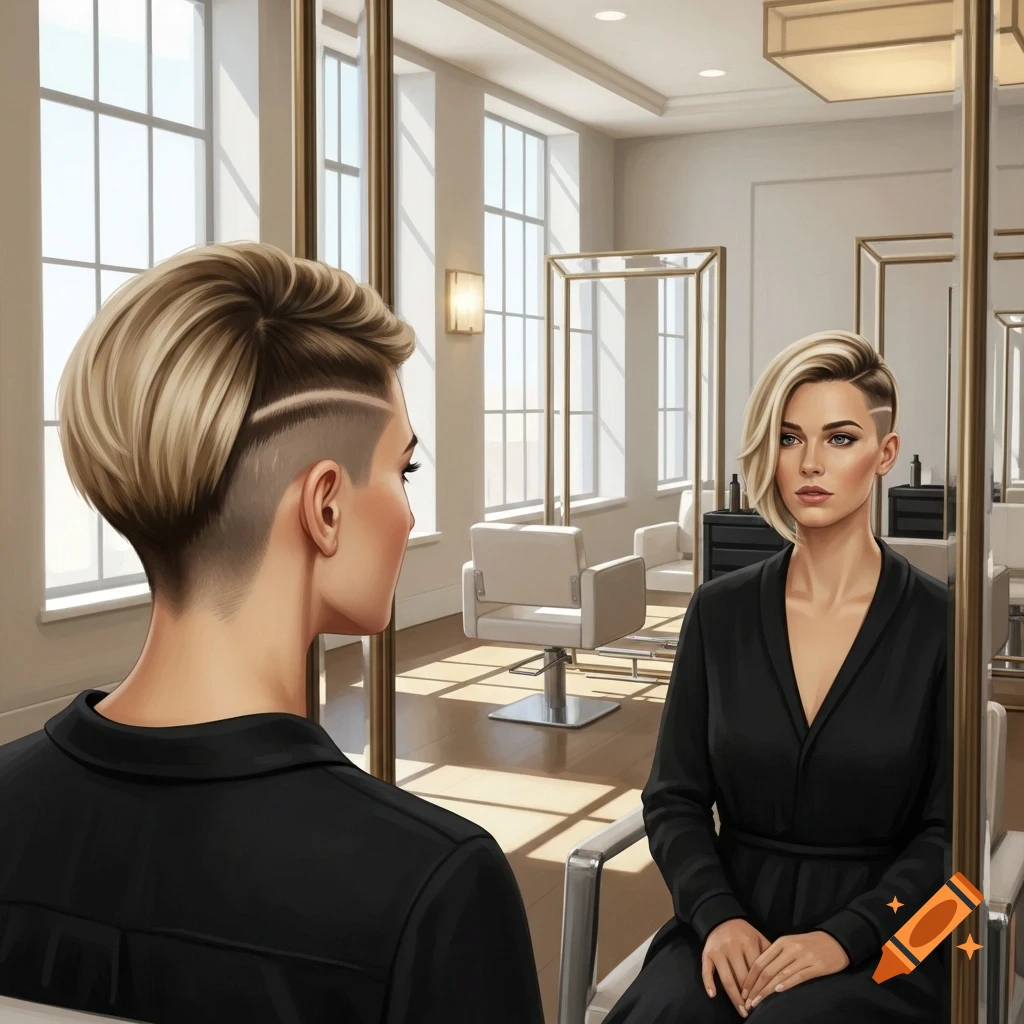 Woman with a short blonde bob and undercut hairstyle looking at her reflection in a modern hair salon mirror.