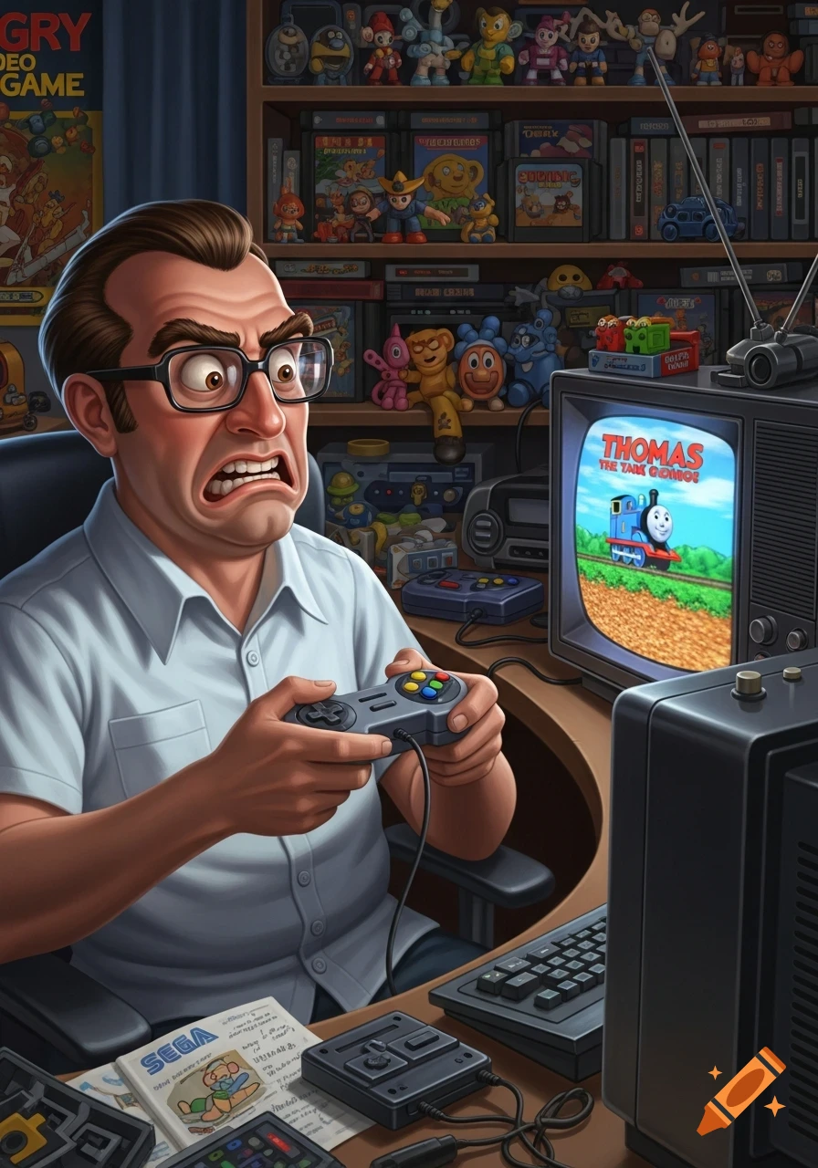 A man with glasses and a white shirt grimaces while playing a retro video game, 'Thomas the Tank Engine', on an old television in a room filled with shelves of games and toys.