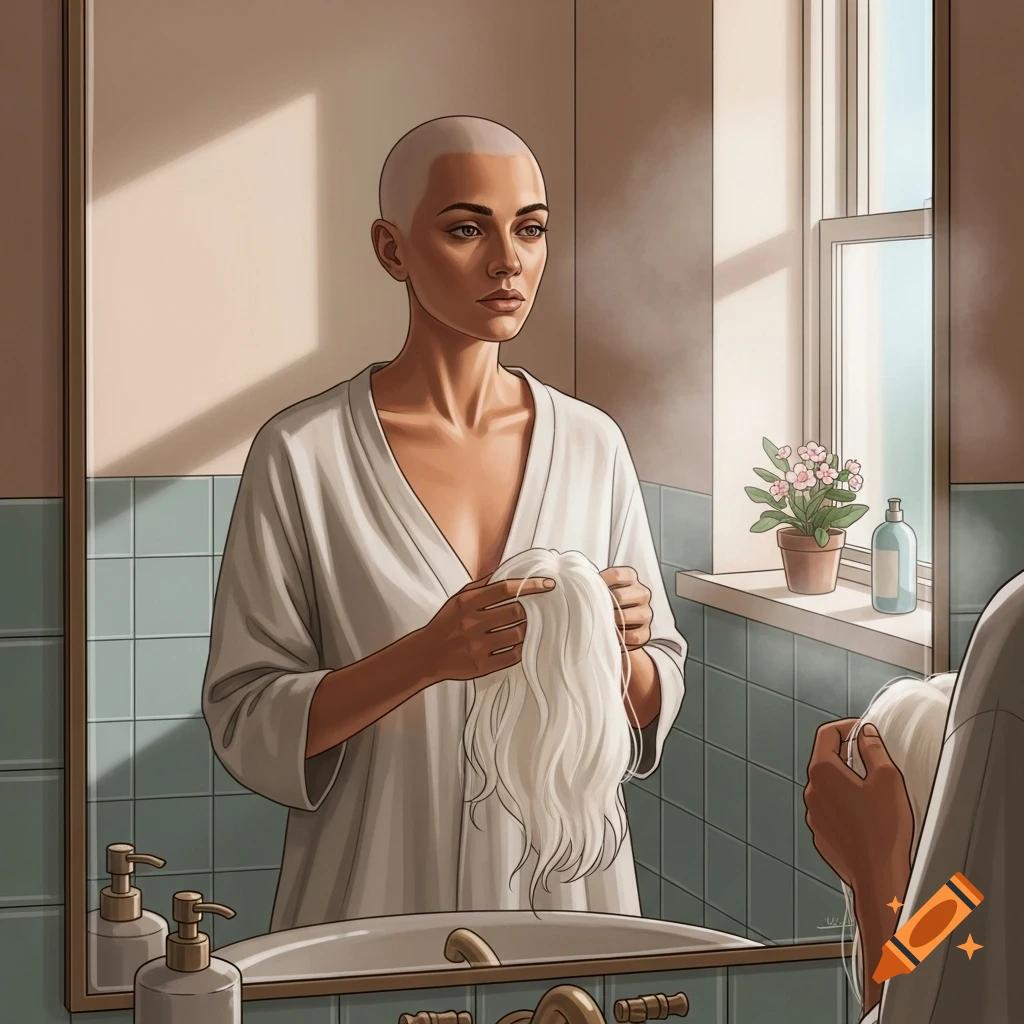 Illustrated portrait of a bald woman in a white robe looking in a bathroom mirror, holding a white wig.
