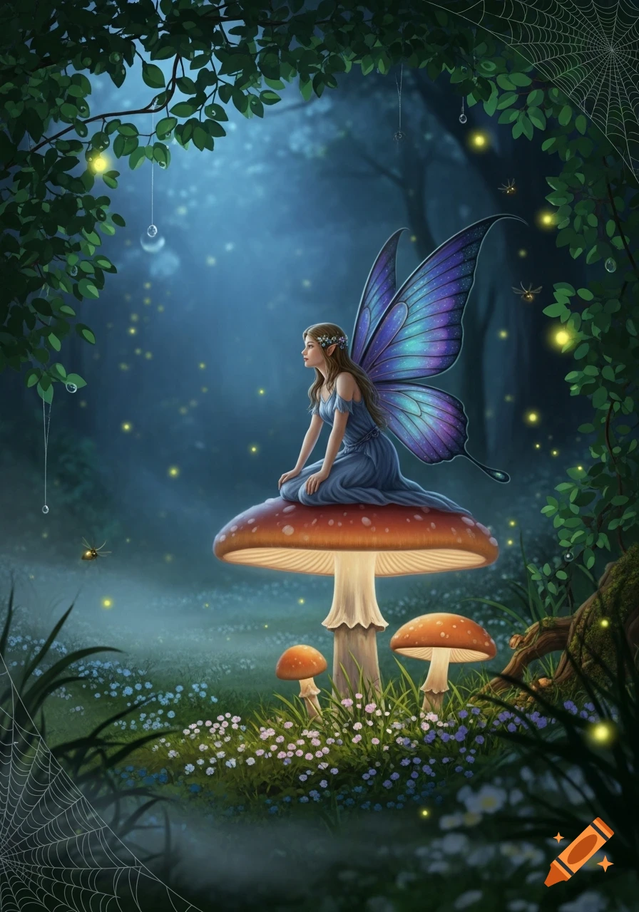 A beautiful fairy with shimmering blue and purple wings sits gracefully on a large red mushroom in a mystical, glowing forest at twilight.
