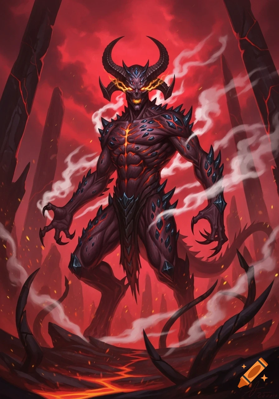 A horned, spiky demon with glowing eyes stands in a fiery, smoky hellscape, digital art.
