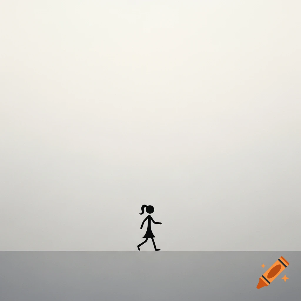A black stick figure of a person walking across a light gray floor against a light off-white background.