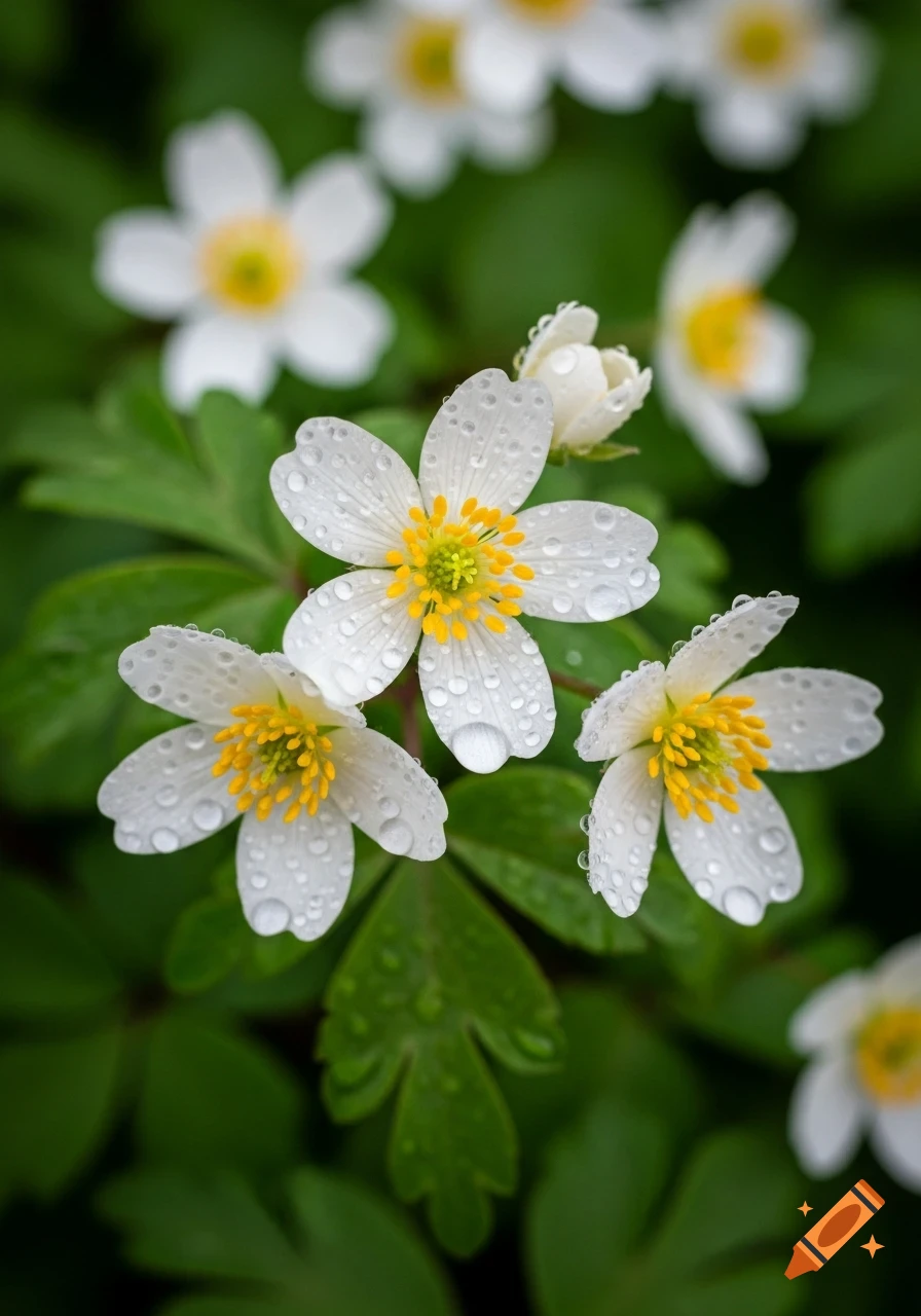 Macro shot of white flowers with yellow centers, covered in realistic water droplets, against a soft green blurred background.