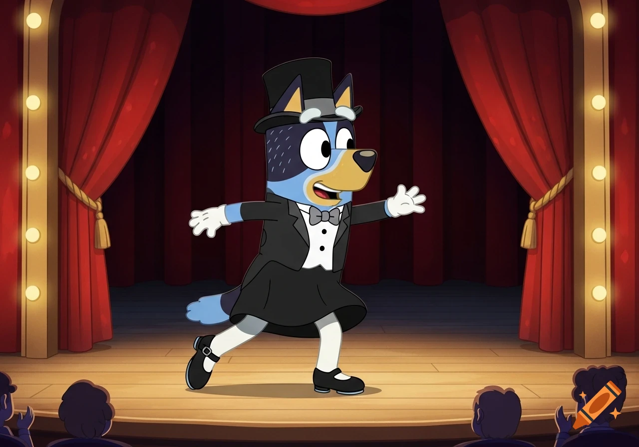 Bluey Heeler tap dancing on a stage, wearing a black top hat, tuxedo, black skirt, white gloves, and tap shoes, with red curtains.