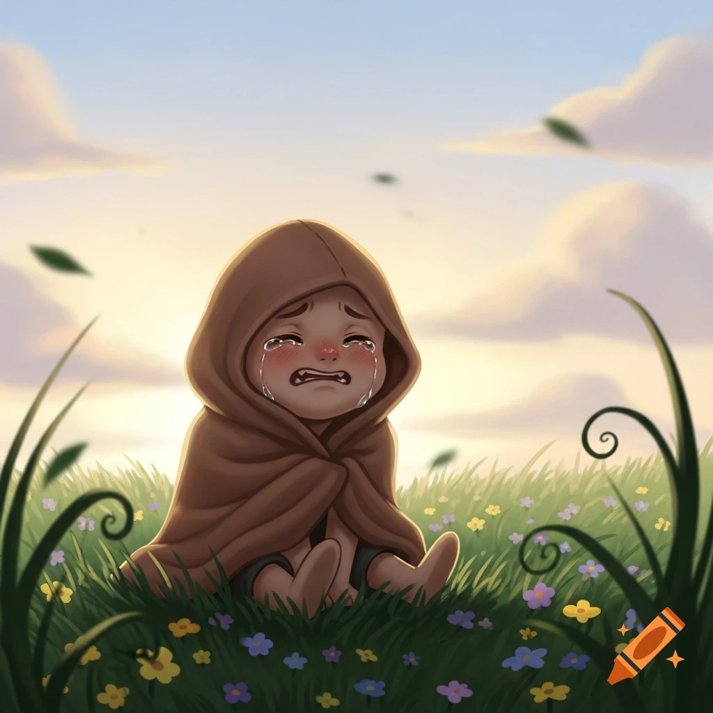An illustration of a small, hooded figure crying while sitting in a field of colorful flowers under a warm sky.