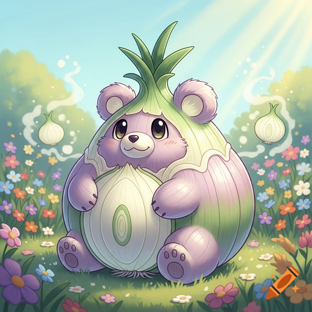 A cute purple onion-bear, in a Care Bear style, sits in a field of colorful flowers under a sunny sky.