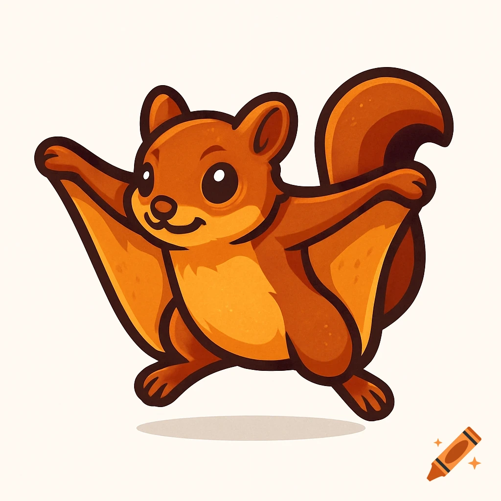 Cartoon flying squirrel logo, orange and brown, with outstretched gliding membranes on a white background.