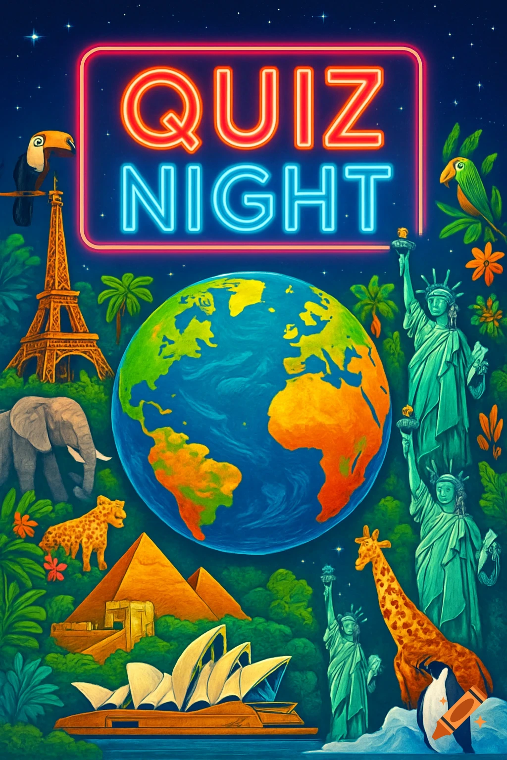 Vibrant neon 'QUIZ NIGHT' poster featuring a globe surrounded by the Eiffel Tower, Pyramids, Sydney Opera House, Statues of Liberty, and diverse animals.