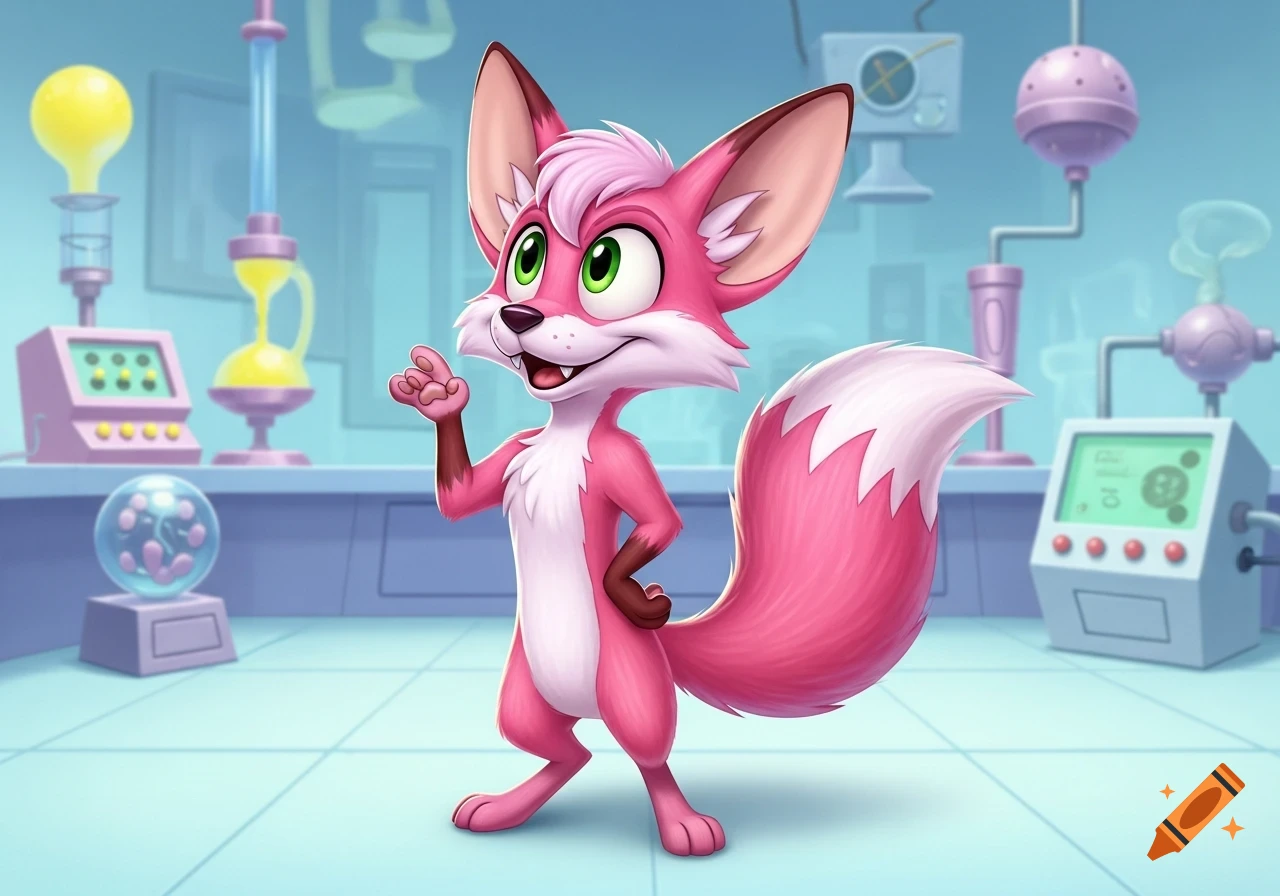 A smiling pink cartoon fox stands in a whimsical laboratory with various scientific equipment.