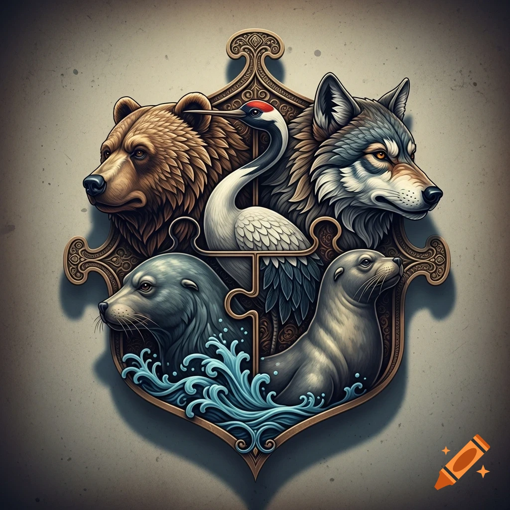 A stylized crest features the heads of a bear, crane, wolf, and sea lion, arranged like puzzle pieces on an ornate, golden shield.