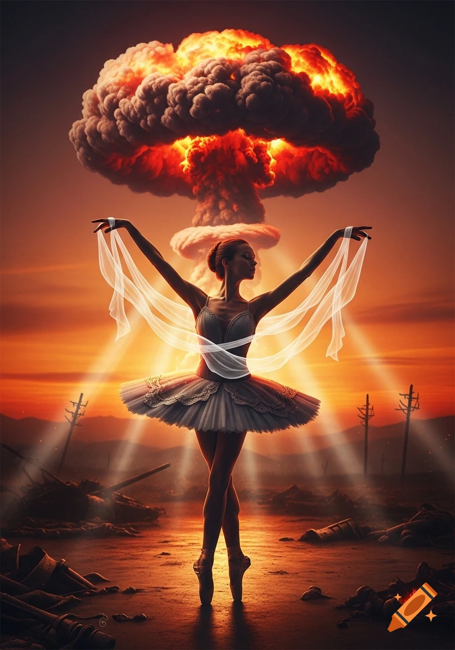 A graceful ballerina poses on pointe in a desolate landscape with a fiery mushroom cloud exploding in the background.