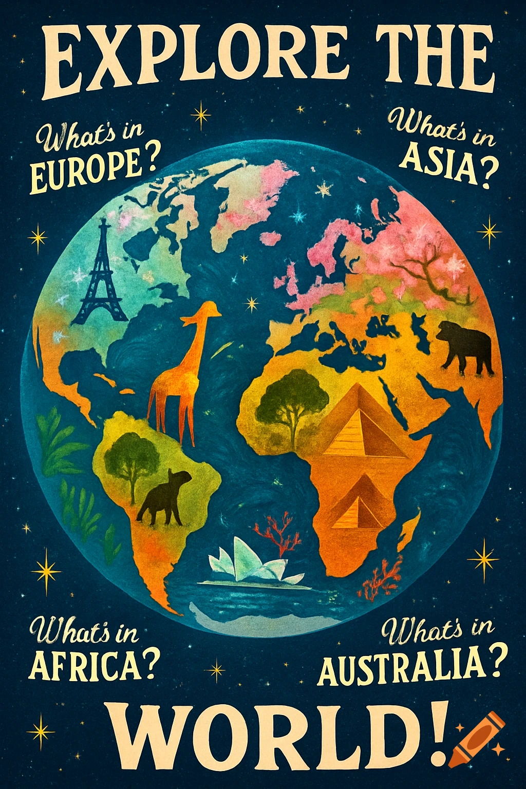 A stylized quiz poster of the world with continents, famous landmarks like the Eiffel Tower and pyramids, and various animals. Text reads "EXPLORE THE WORLD!" and asks "What's in EUROPE?", "What's in ASIA?", "What's in AFRICA?", "What's in AUSTRALIA?"