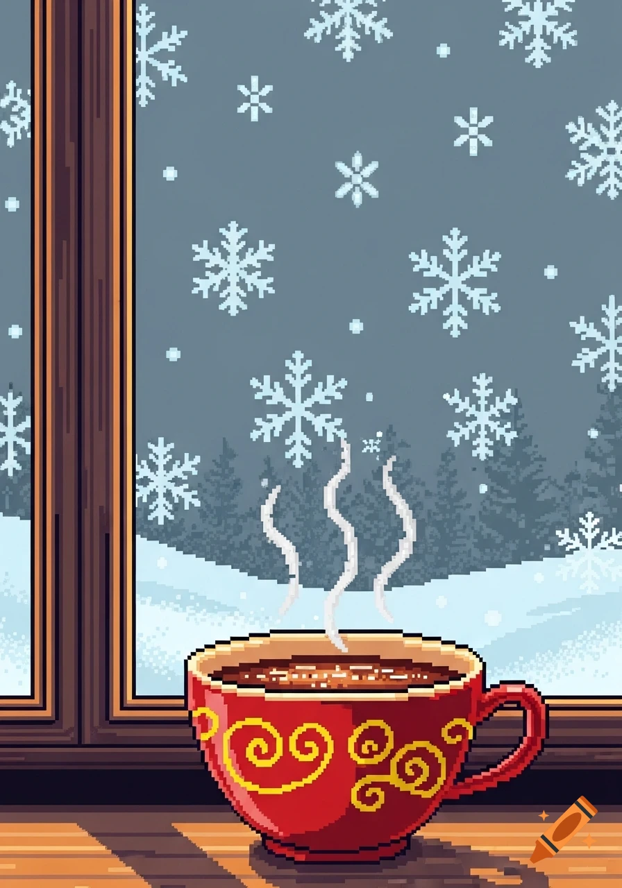 A pixel art image of a steaming red cup with yellow swirls on a window sill, looking out at a snowy landscape with falling snowflakes.