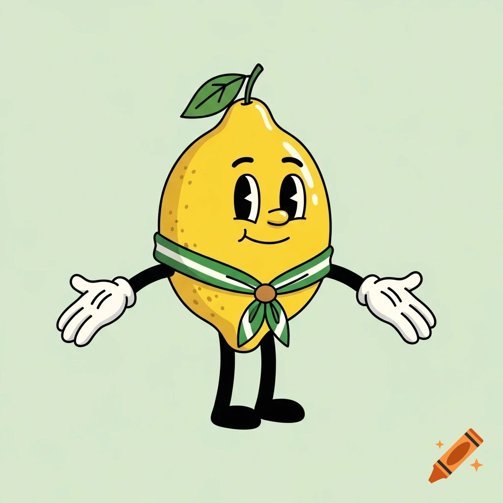 A friendly, anthropomorphic cartoon lemon character wearing a green and white scout neckerchief, in a clean 2D style.