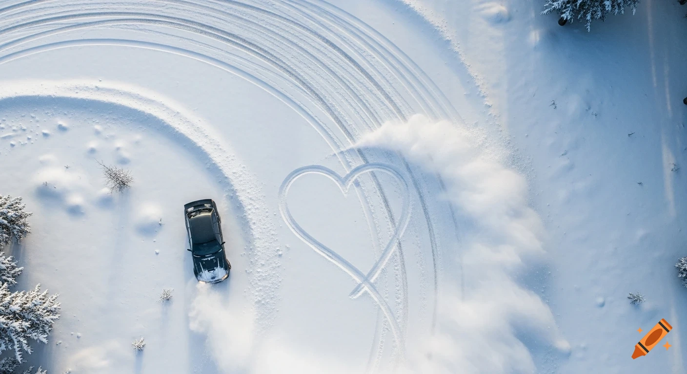 Aerial view of a black car drifting in fresh snow, leaving heart-shaped tire tracks. Photorealistic winter scene.