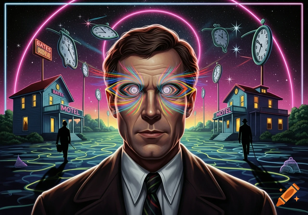 A man with rainbow-colored, swirling eyes gazes forward, flanked by two Bates Motels under a starry, neon-lit sky with warped clocks.