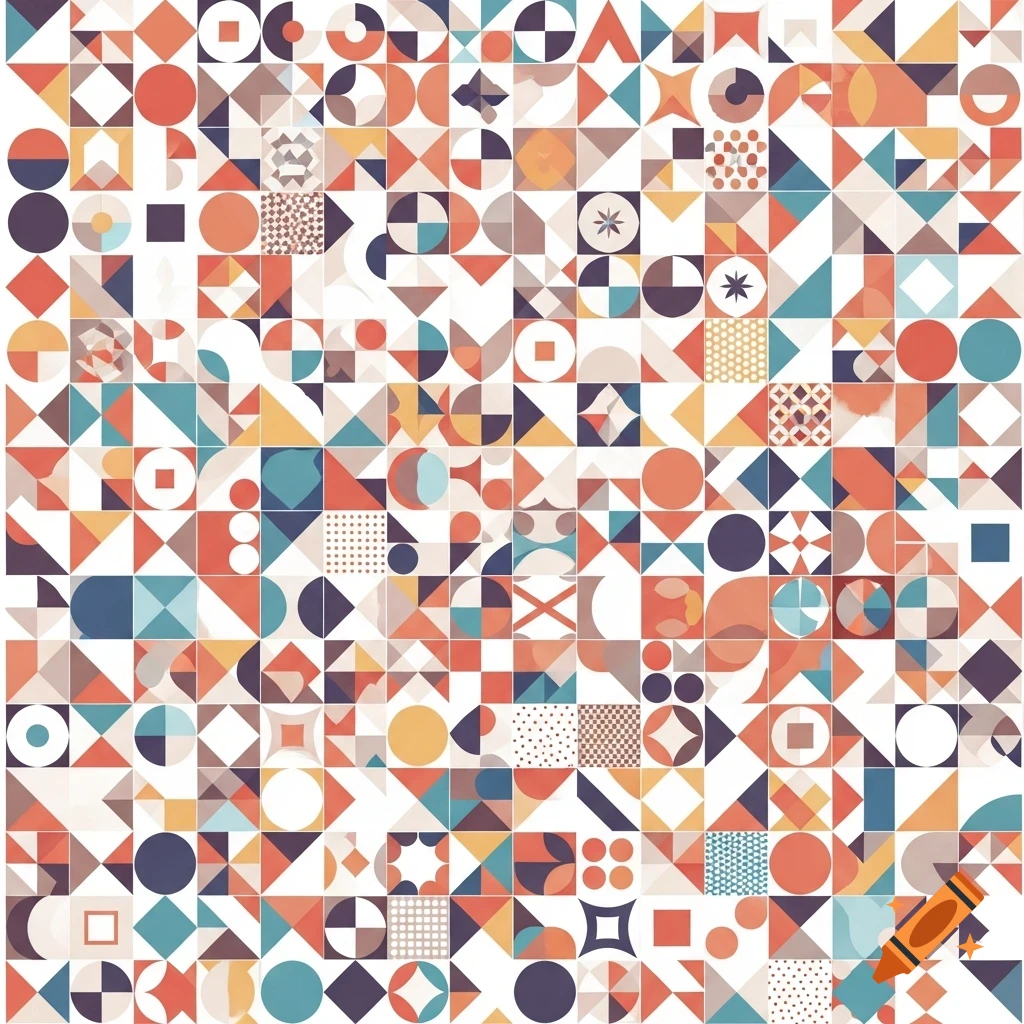 Colorful abstract pattern of various geometric shapes including circles, squares, and triangles on a white background.