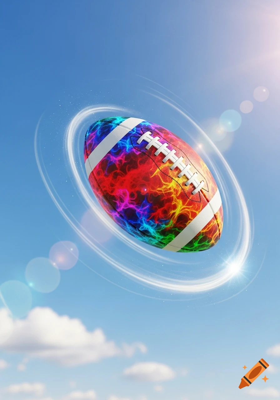 A vibrant, colorful football with a swirling glow effect floats in a bright blue sky with wispy clouds.