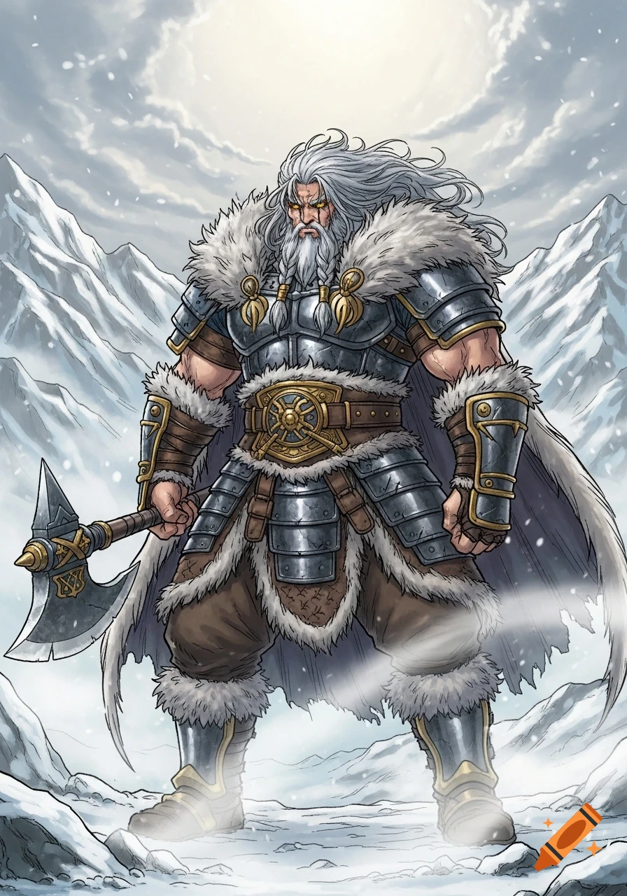 A powerful, grey-haired man in fur armor with glowing yellow eyes holds an axe in a snowy mountain pass, manga style.