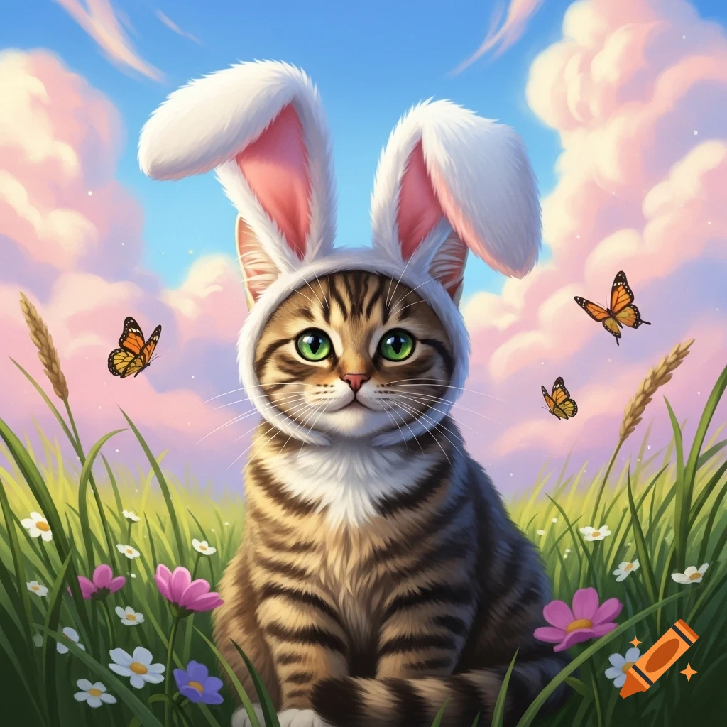 A cute tabby cat with green eyes wears white bunny ears, sitting in a grassy field with colorful flowers and butterflies under a blue sky.