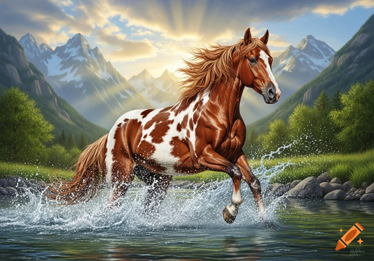 A red roan horse with white patches gallops through a mountain creek under sun rays in a photorealistic style.