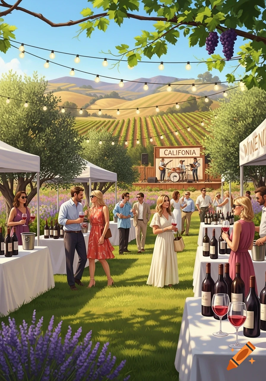 A vibrant California wine festival illustration featuring people socializing, white tents, wine bottles, and a band performing on a stage against a backdrop of rolling vineyards and blue sky.